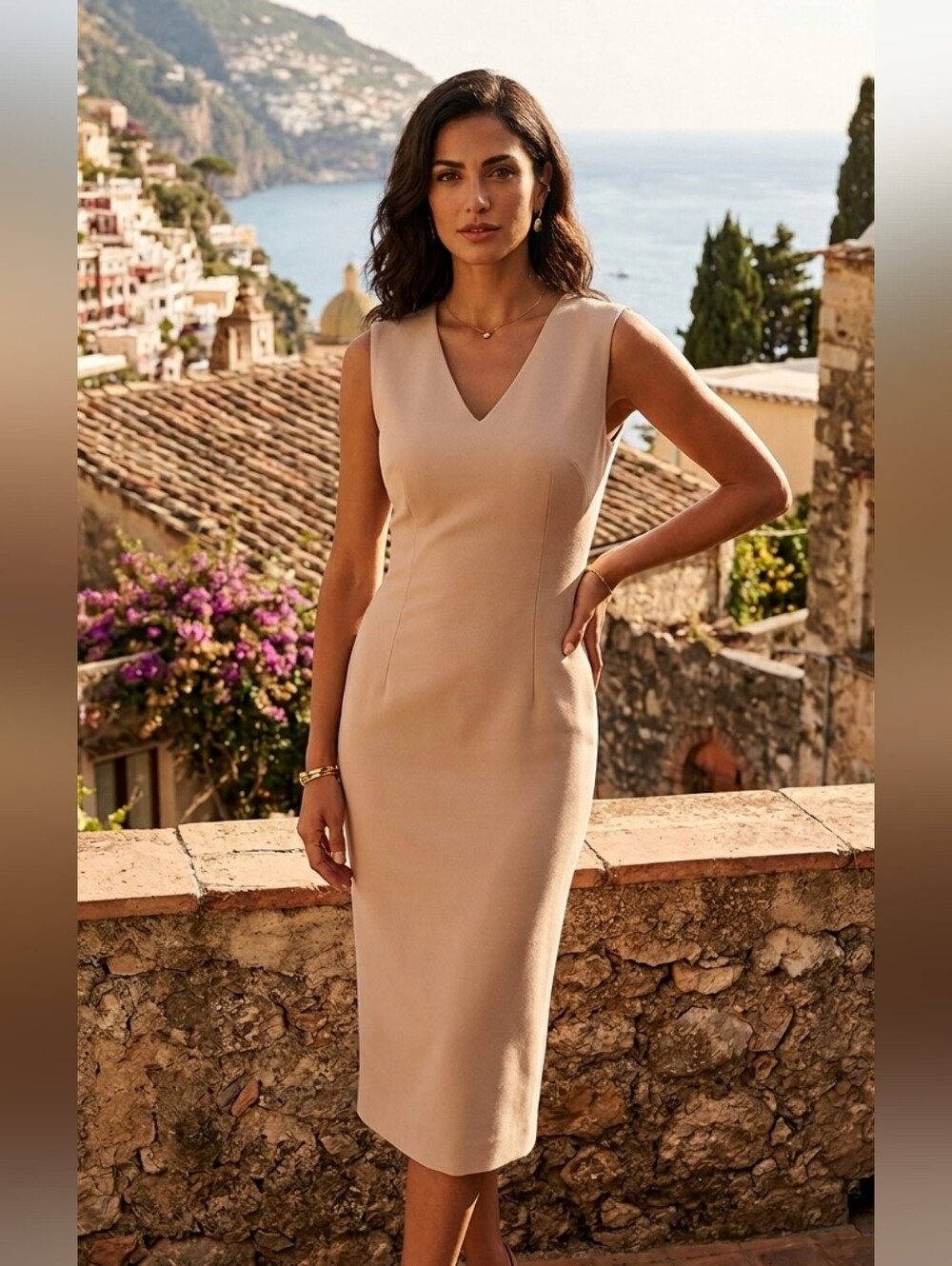 Dolce & Gabbana Beige V-Neck Midi Dress with Leopard Lining M